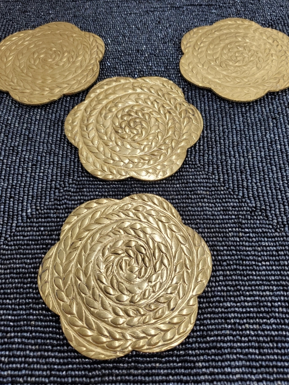 Gold Metal Coasters Embossed Quilt Pattern, Set of 4, 4.5" Made In India NEW